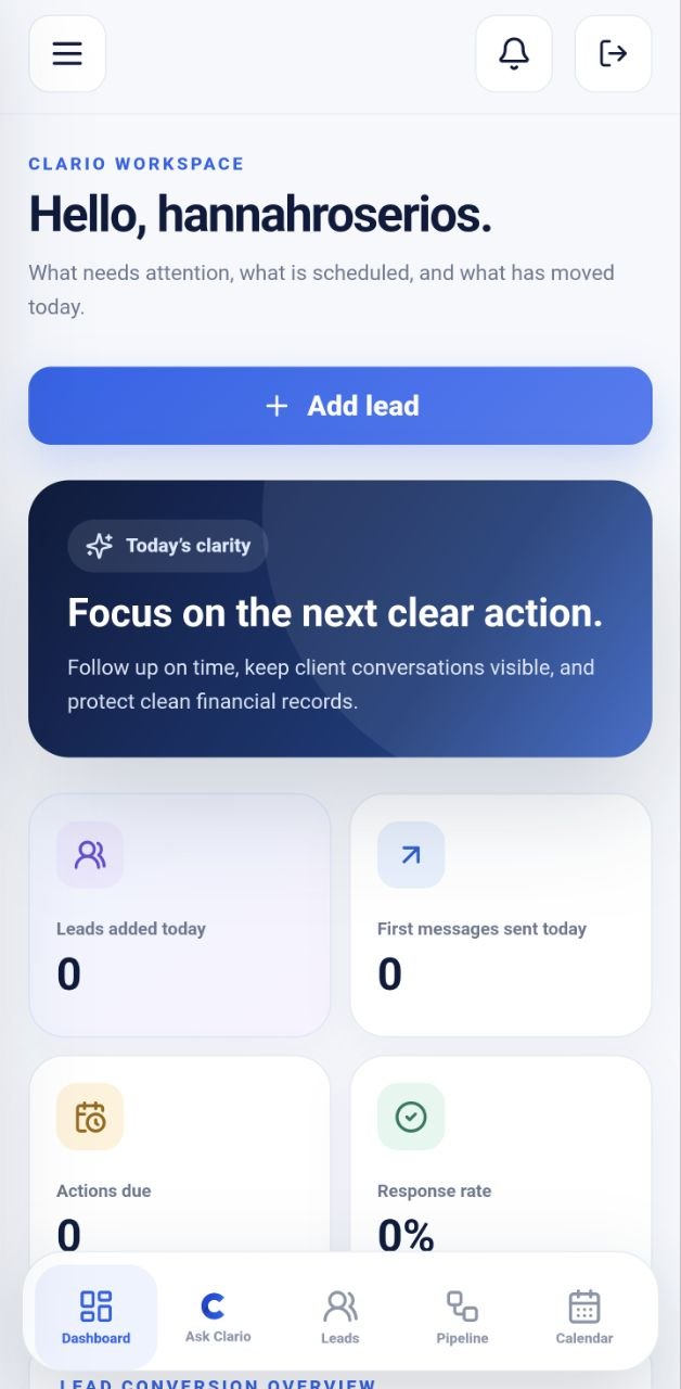 Clario Workspace mobile dashboard preview